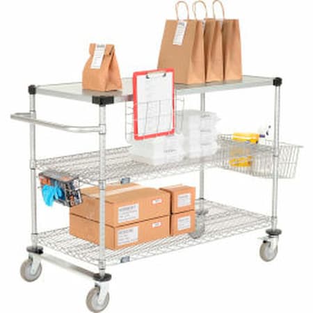 Global Equipment Nexel Curbside Cart, Chrome, 36"L x 18"W x 40"H, 3 Wire Shelves, Polyurethane Casters CS18363C